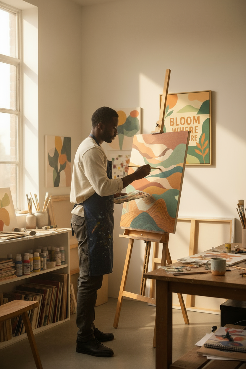 Artist in Studio with Bloom Where You Are Canvas