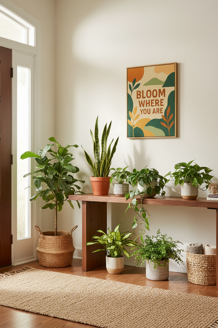 Bloom Where You Are Canvas in Entryway with Door and Plants