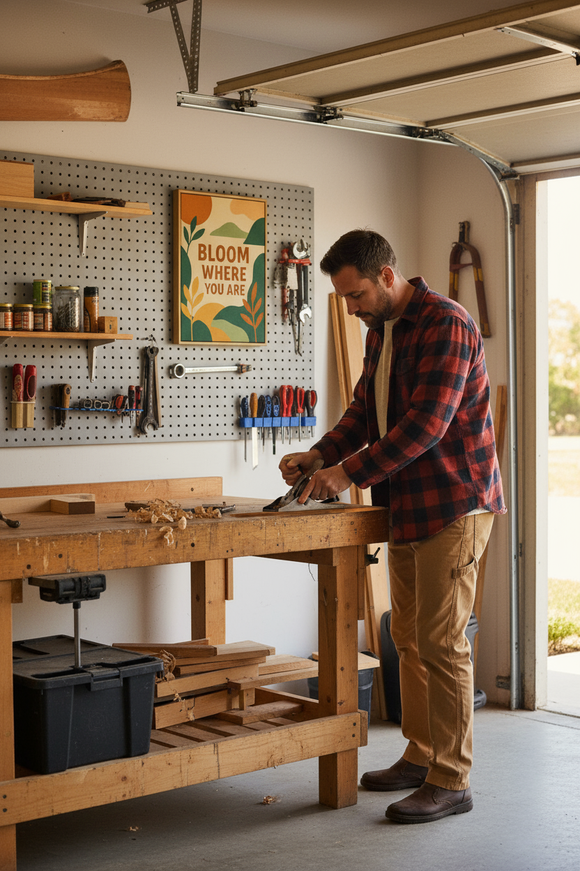 Bloom Where You Are Canvas in Garage Workshop