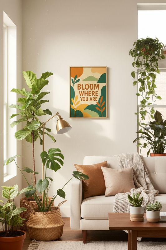 Bloom Where You Are Canvas in Living Room with Plants