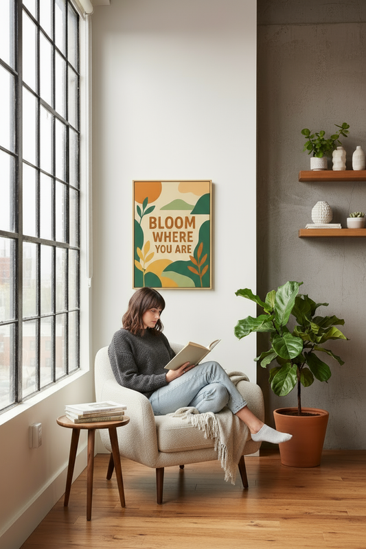 Bloom Where You Are Canvas with Person Reading in Loft